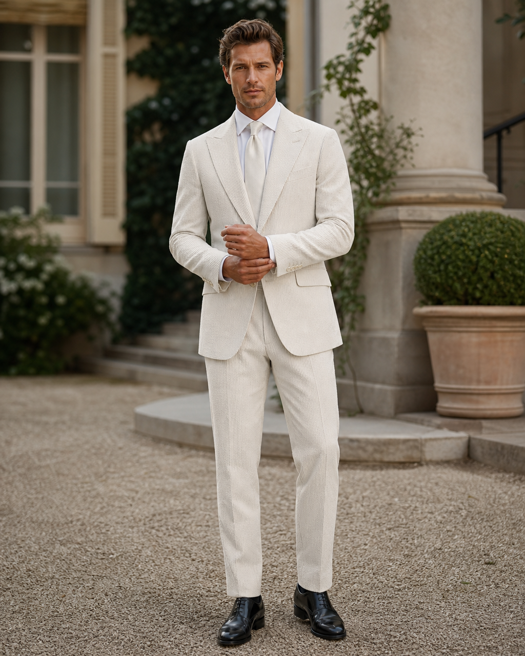 Ecru Seersucker Outdoor Wedding Suit — Custom Made to Measure front view
