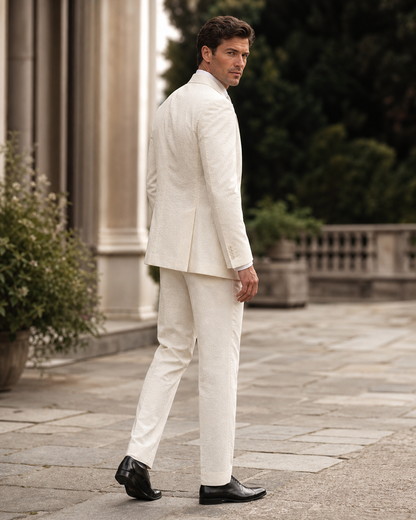 Ecru Seersucker Outdoor Wedding Suit — Custom Made to Measure side back view