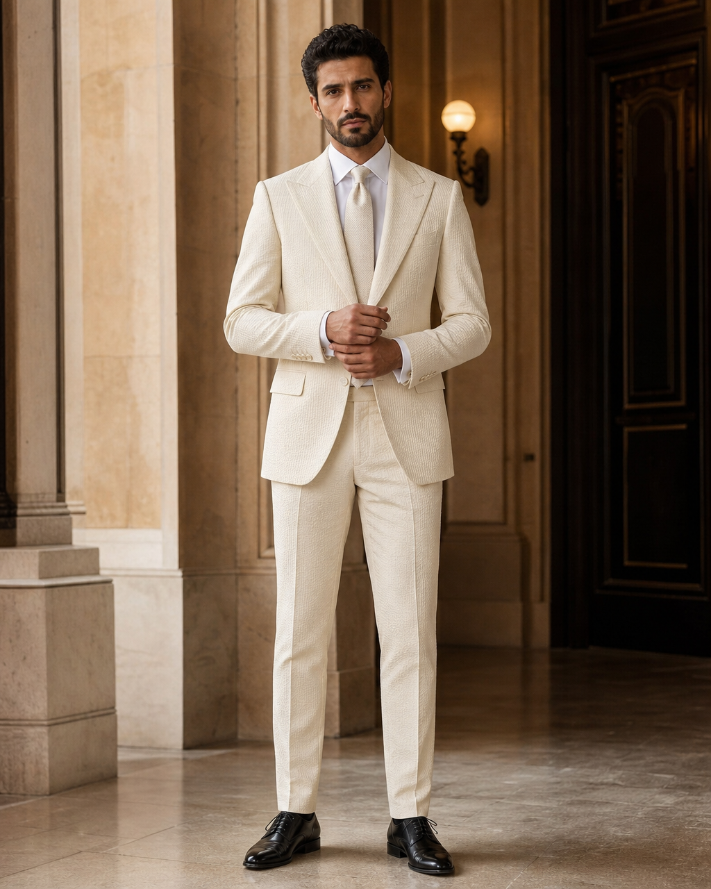 Ecru Seersucker Summer Suit - Custom Made to Measure front view
