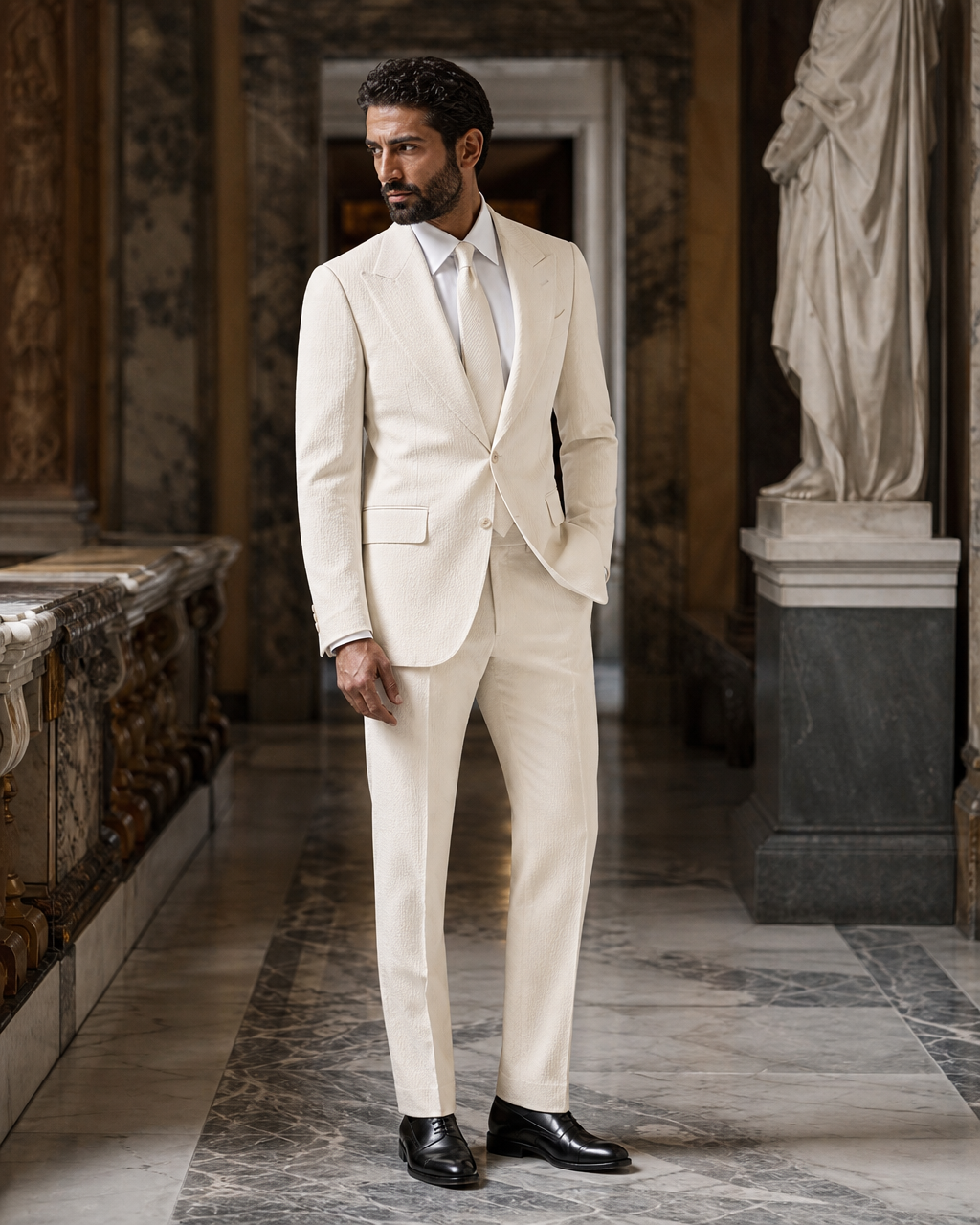 Ecru Seersucker Summer Suit - Custom Made to Measure side back view
