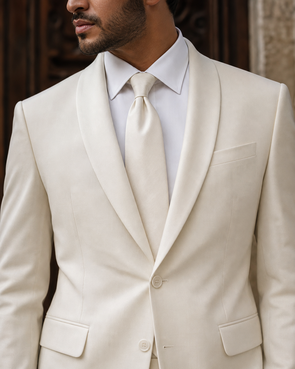 Ecru Silk Blend Shawl Lapel Suit - Custom Made to Measure lapel chest close up