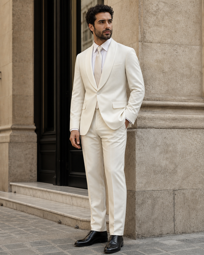 Ecru Silk Blend Shawl Lapel Suit - Custom Made to Measure side three quarter view