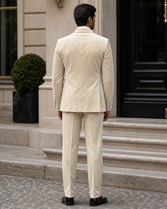 Ecru Velvet Shawl Lapel Suit - Custom Made to Measure back view