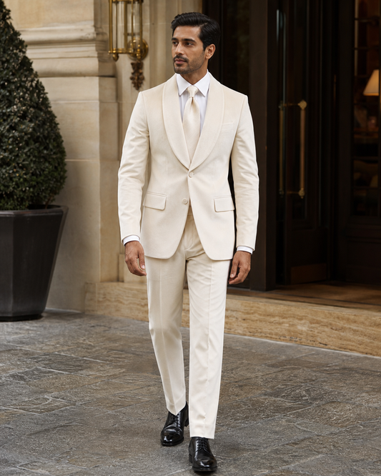 Ecru Velvet Shawl Lapel Suit - Custom Made to Measure front view