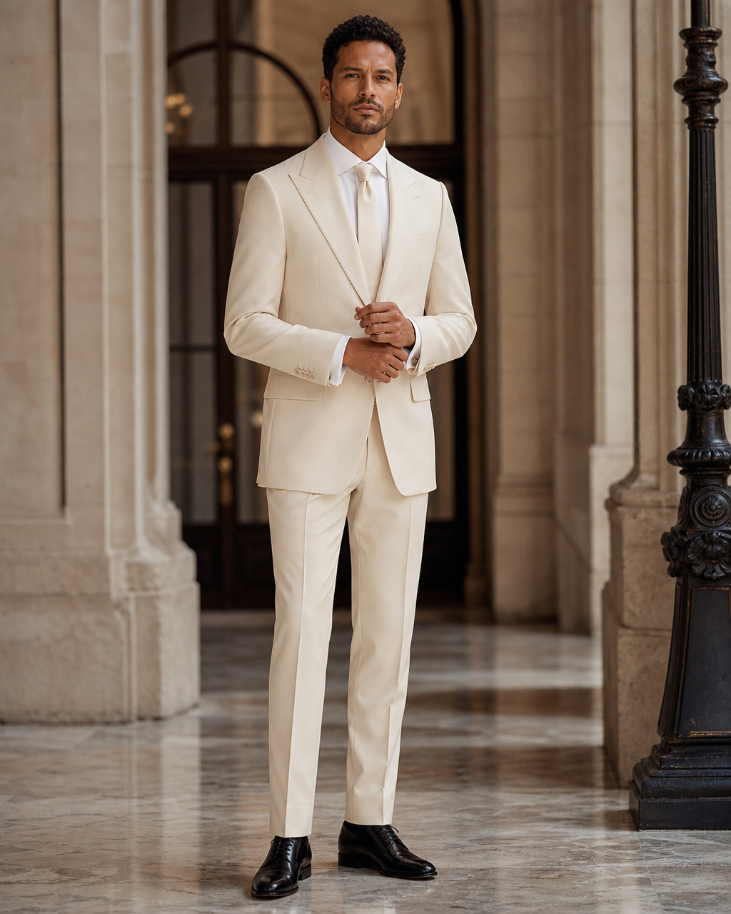 Ecru Wool Outdoor Wedding Suit - Custom Made to Measure front view