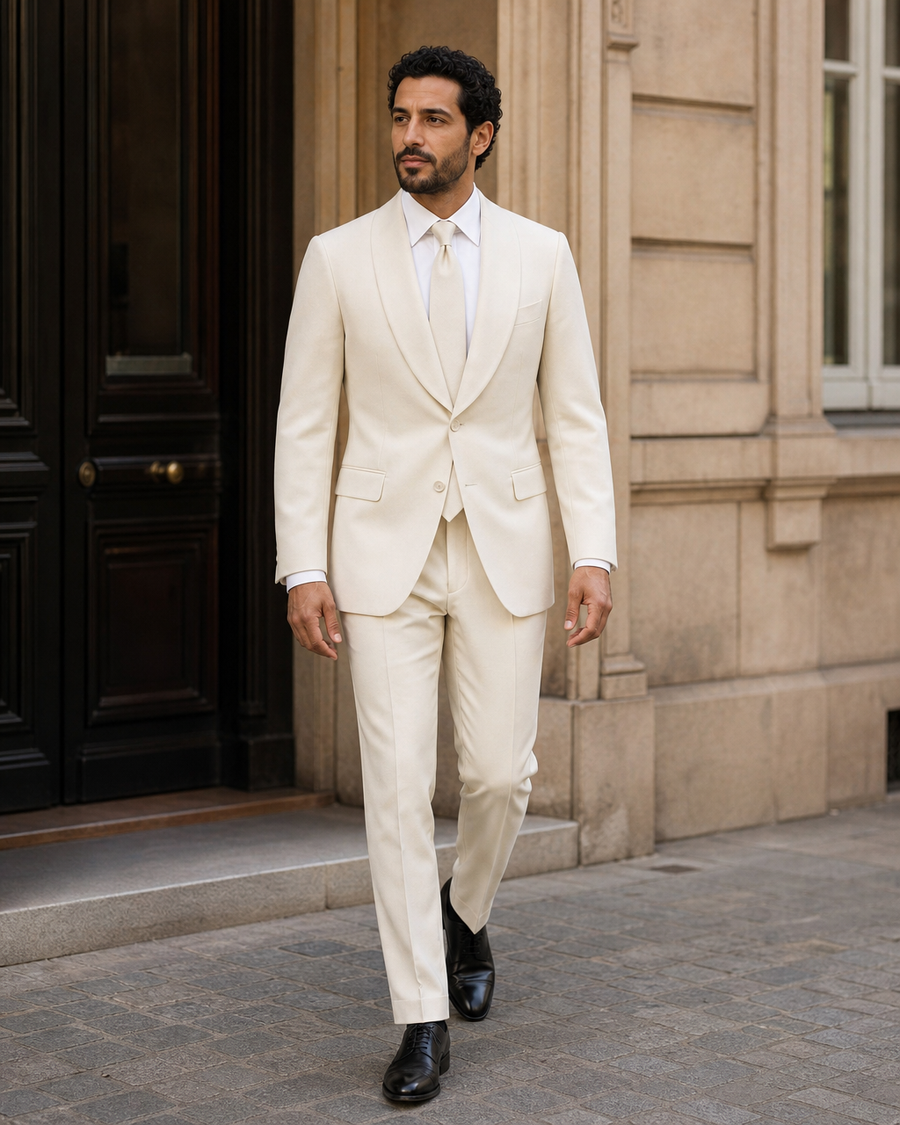 Ecru Wool Shawl Lapel Suit — Custom Made to Measure