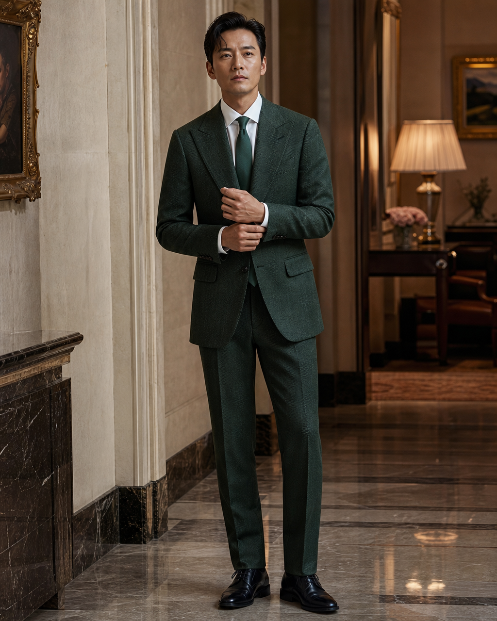 Emerald Green Herringbone Winter Suit - Custom Made to Measure front view