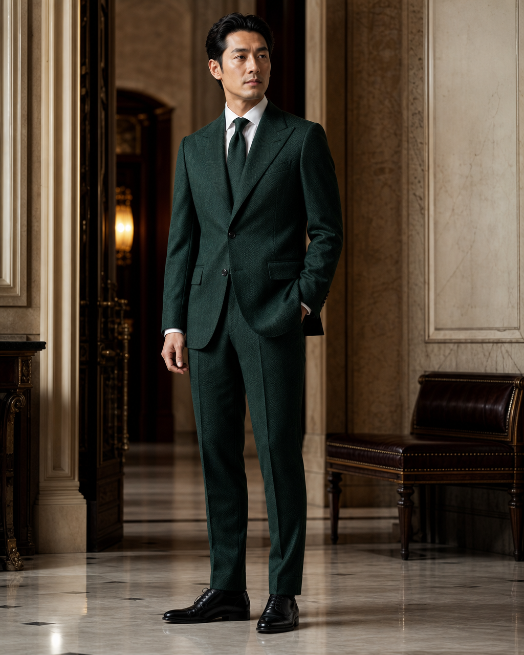 Emerald Green Herringbone Winter Suit - Custom Made to Measure side back view