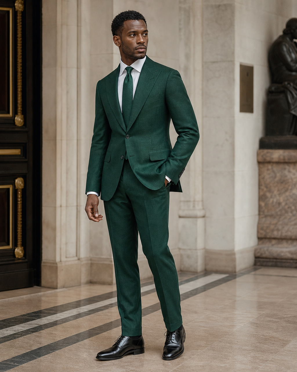 Emerald Green Linen Beach Wedding Suit - Custom Made to Measure side back view