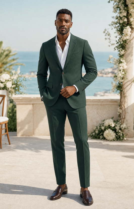 Emerald Green Seersucker Beach Wedding Suit - Custom Made to Measure - Front View