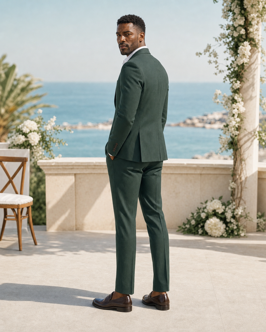 Emerald Green Seersucker Beach Wedding Suit - Custom Made to Measure - Side Back View