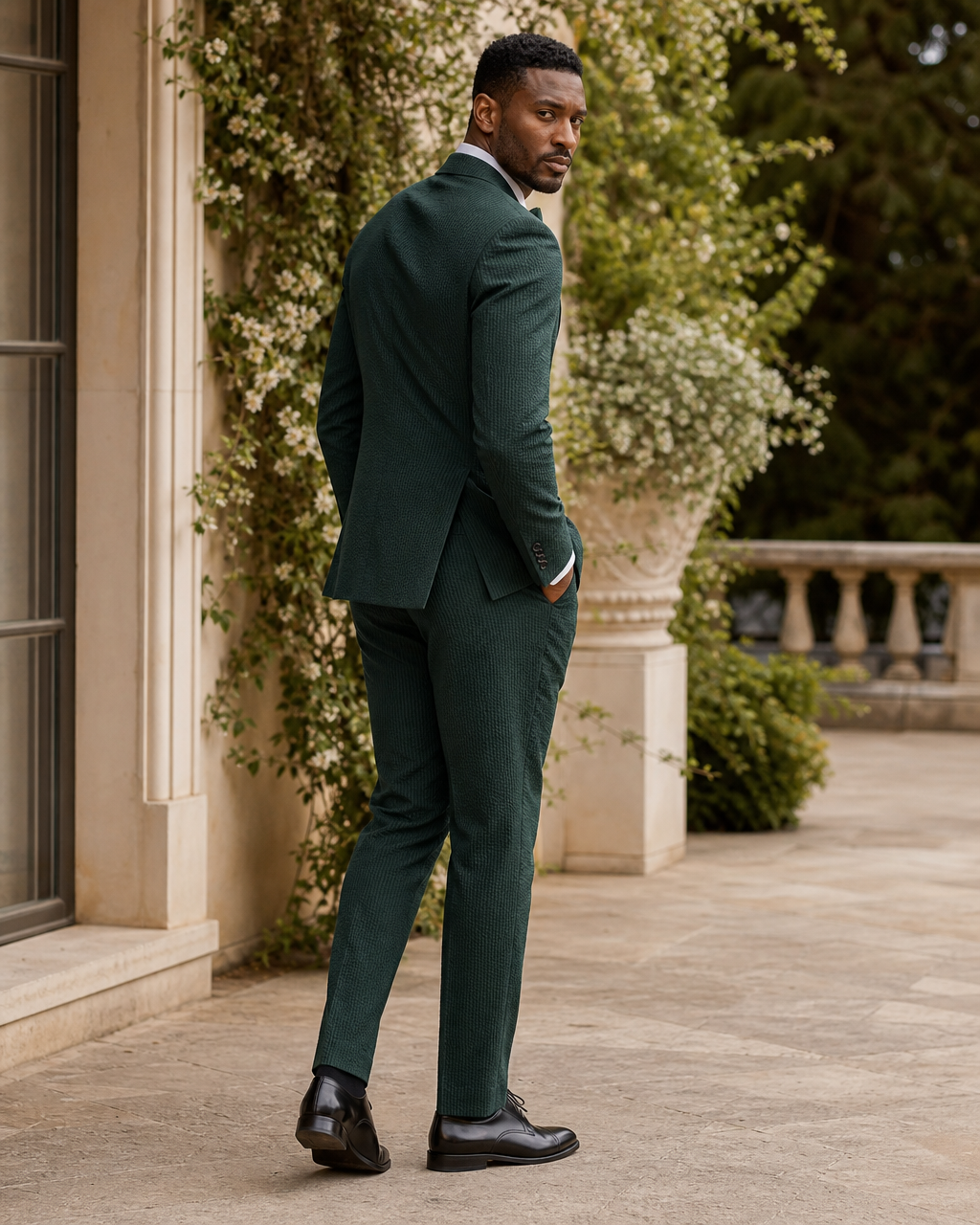 Emerald Green Seersucker Outdoor Wedding Suit — Custom Made to Measure side back view