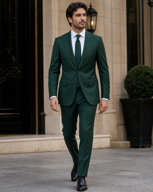 Emerald Green Silk Blend Peak Lapel Suit - Custom Made to Measure front view