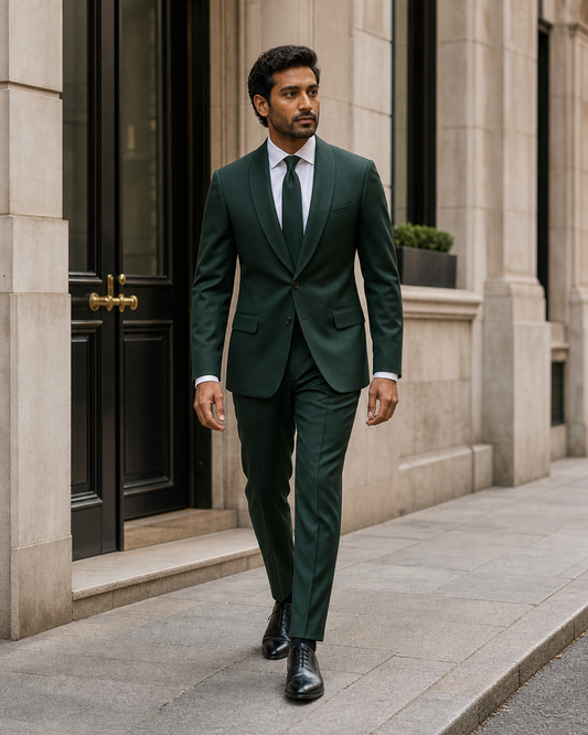 Emerald Green Wool Shawl Lapel Suit - Custom Made to Measure front view