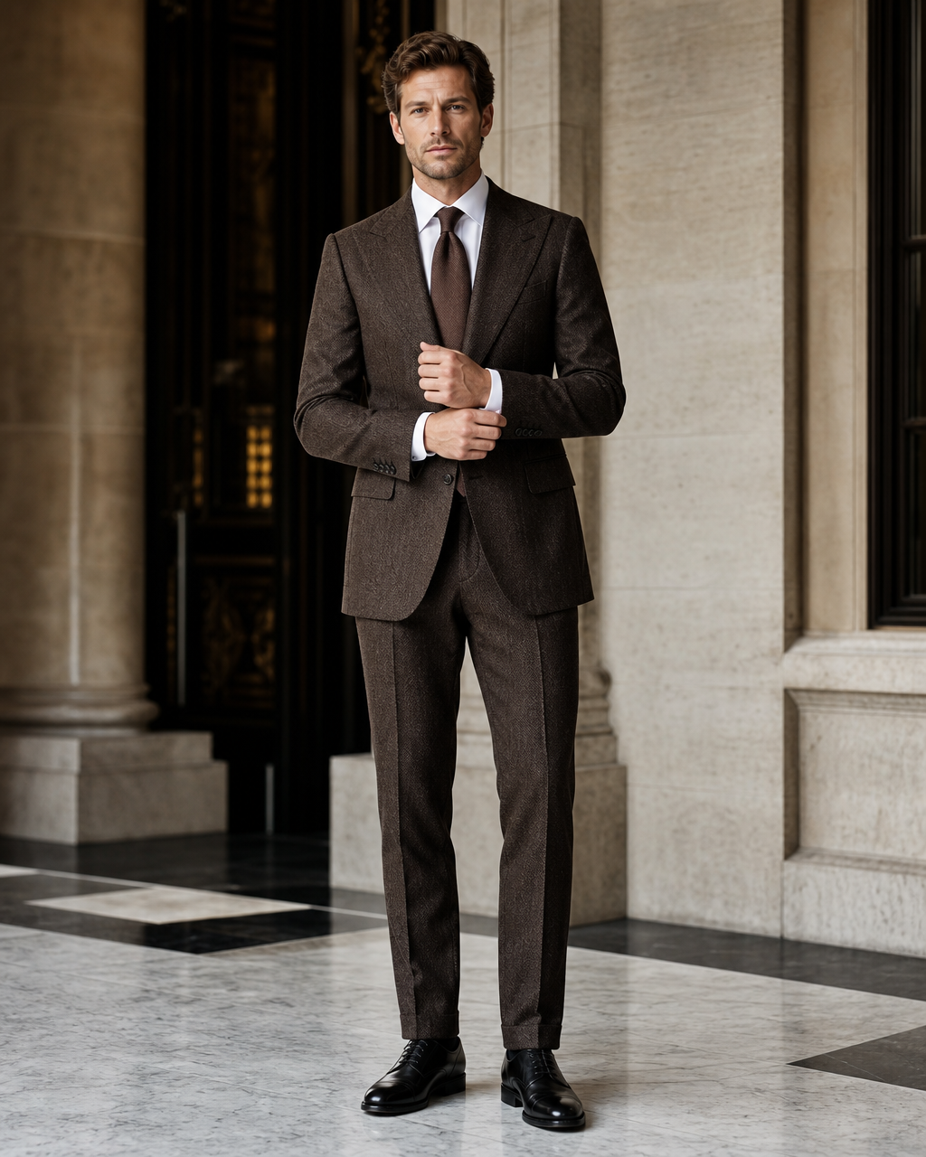 Espresso Herringbone Winter Suit - Custom Made to Measure front view