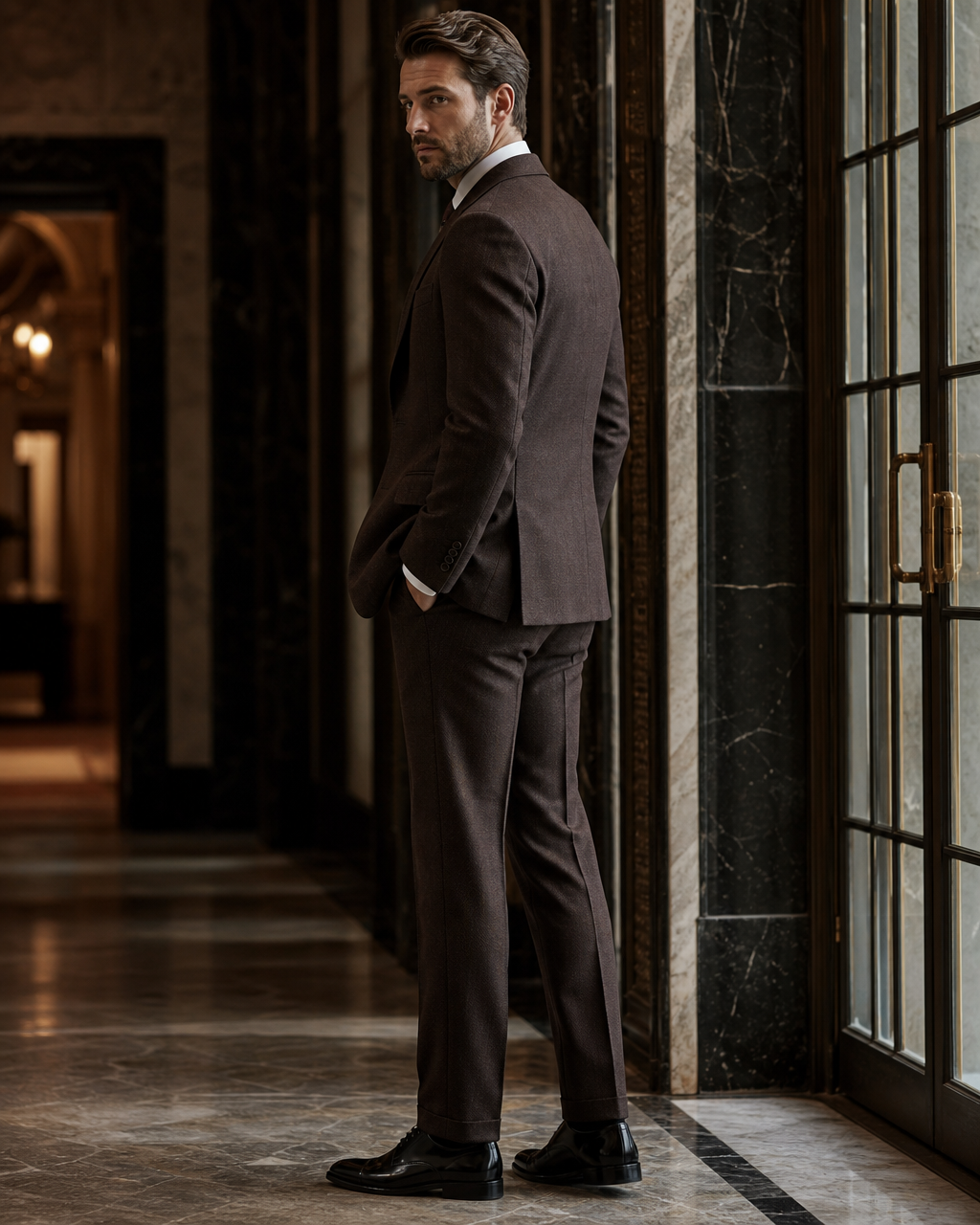 Espresso Herringbone Winter Suit - Custom Made to Measure side back view