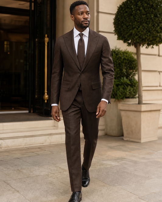 Espresso Linen Peak Lapel Suit - Custom Made to Measure front view