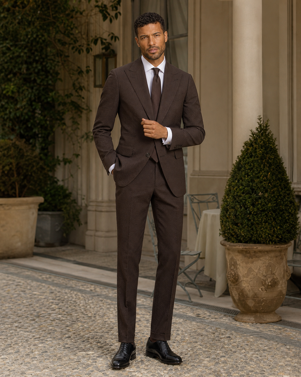 Espresso Seersucker Outdoor Wedding Suit — Custom Made to Measure front view