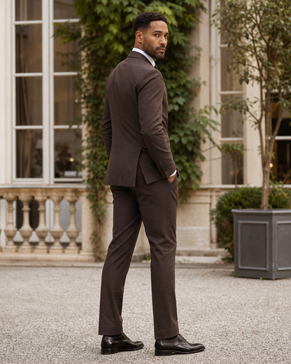 Espresso Seersucker Outdoor Wedding Suit — Custom Made to Measure side back view