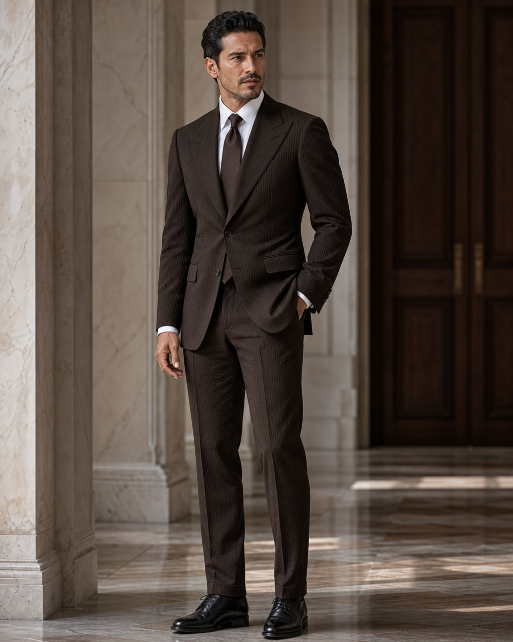 Espresso Seersucker Summer Suit - Custom Made to Measure side back view