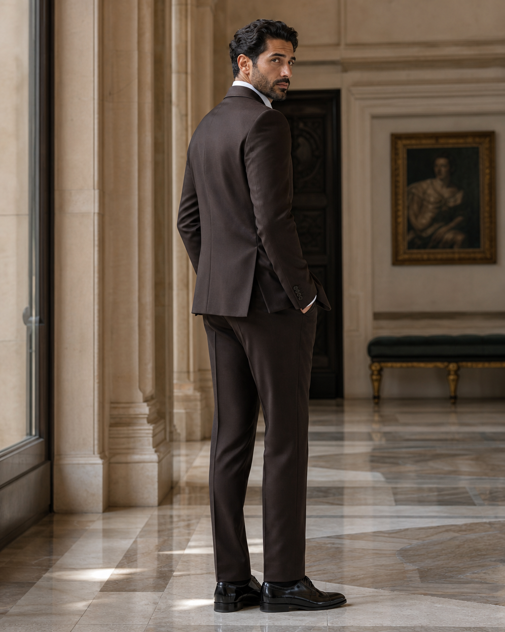 Espresso Silk Blend Shawl Lapel Suit - Custom Made to Measure side back view