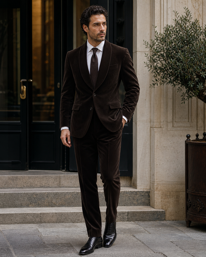 Espresso Velvet Shawl Lapel Suit - Custom Made to Measure fabric texture close up
