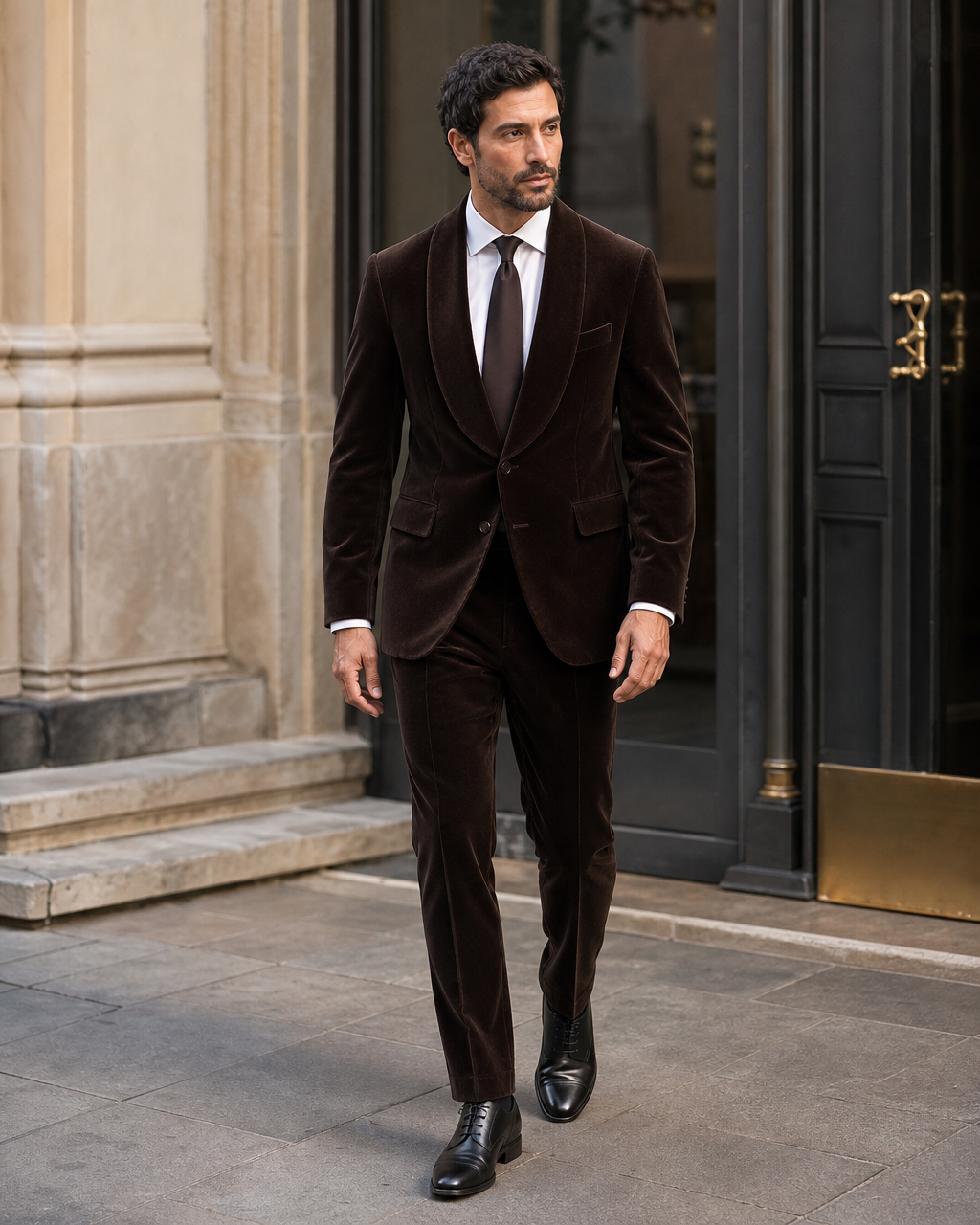 Espresso Velvet Shawl Lapel Suit - Custom Made to Measure front view