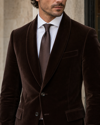 Espresso Velvet Shawl Lapel Suit - Custom Made to Measure lapel chest close up