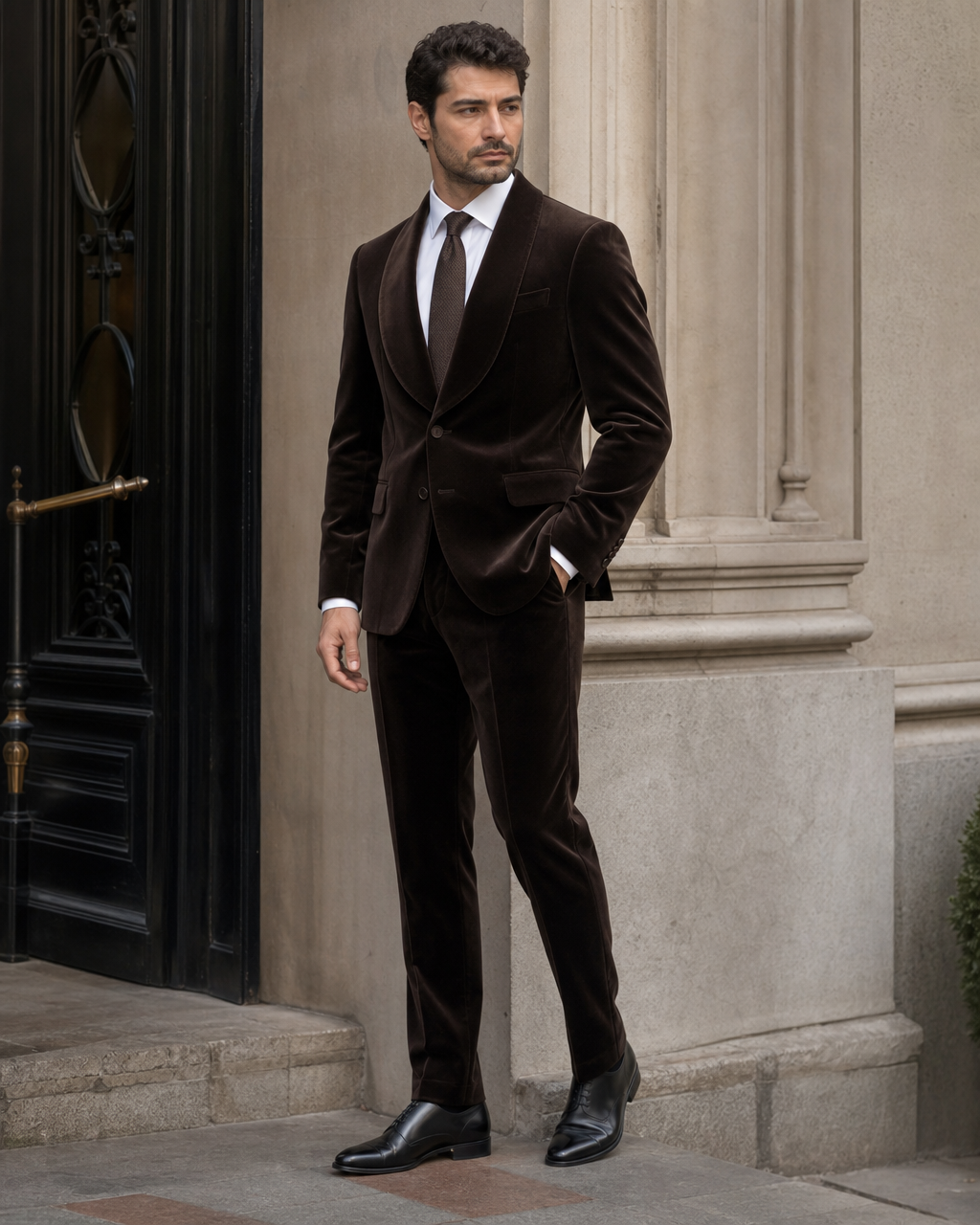 Espresso Velvet Shawl Lapel Suit - Custom Made to Measure side three quarter view