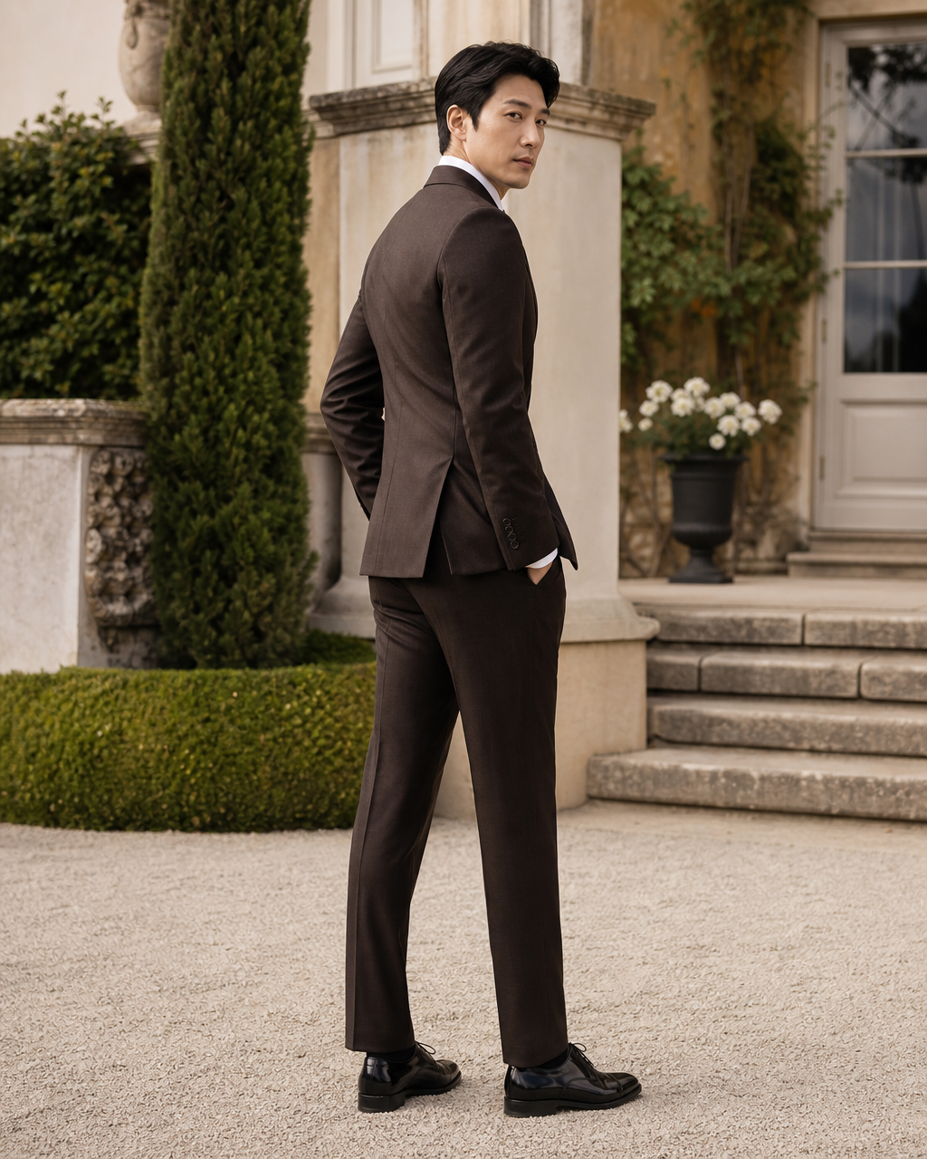 Espresso Wool Outdoor Wedding Suit — Custom Made to Measure side back view