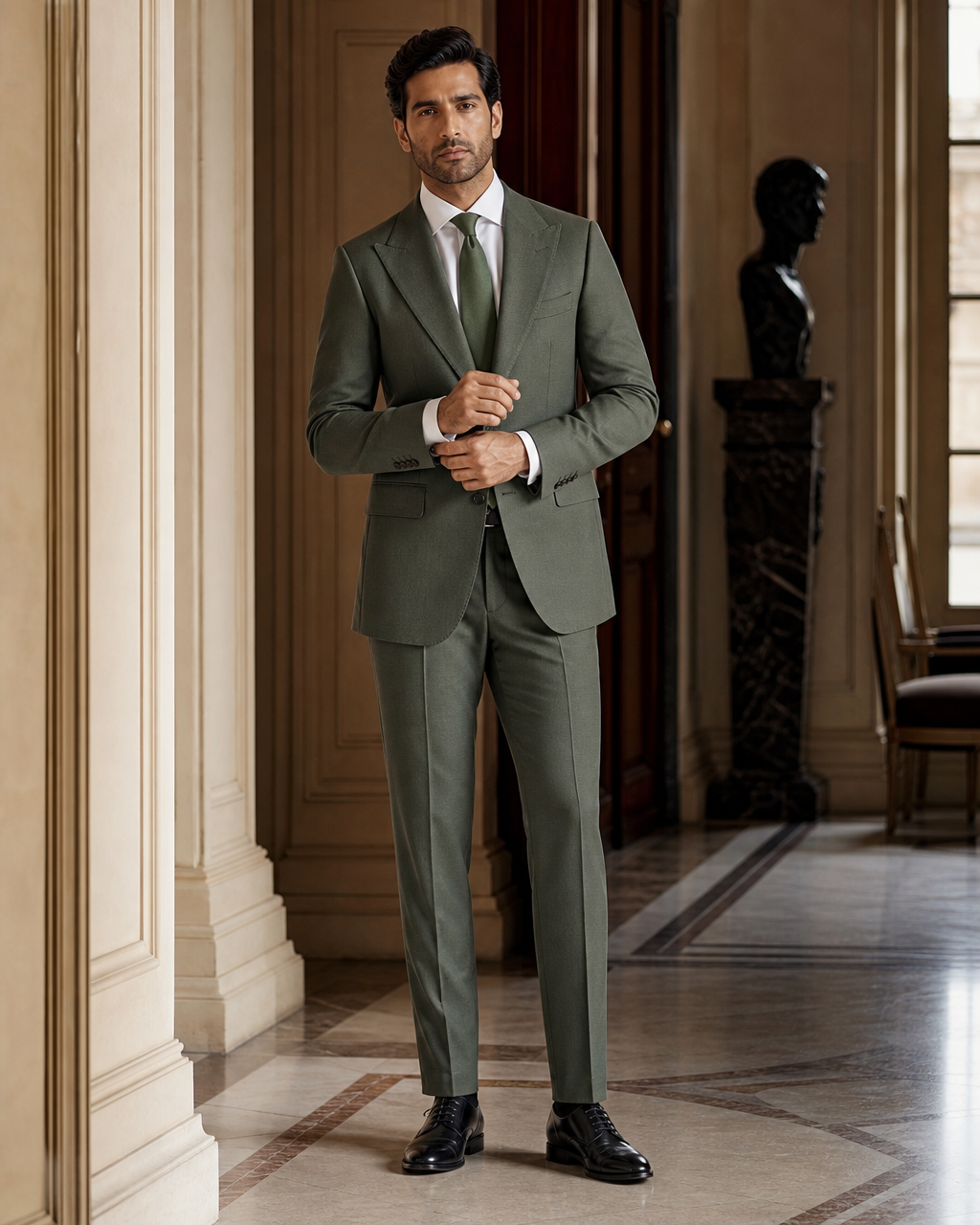 Eucalyptus Green Cashmere Blend Winter Suit - Custom Made to Measure front view