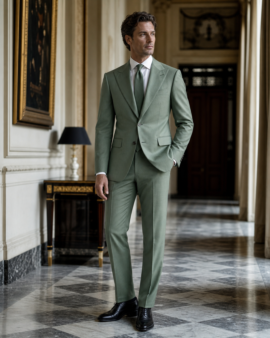 Eucalyptus Green Cotton Beach Wedding Suit - Custom Made to Measure side back view