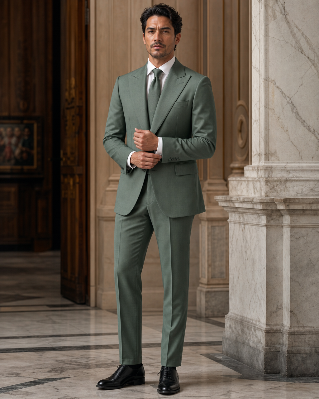 Eucalyptus Green Cotton Outdoor Wedding Suit - Custom Made to Measure front view