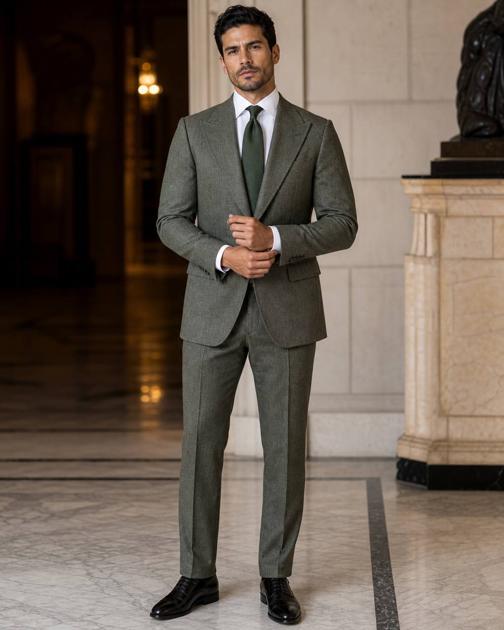 Eucalyptus Green Herringbone Winter Suit - Custom Made to Measure front view