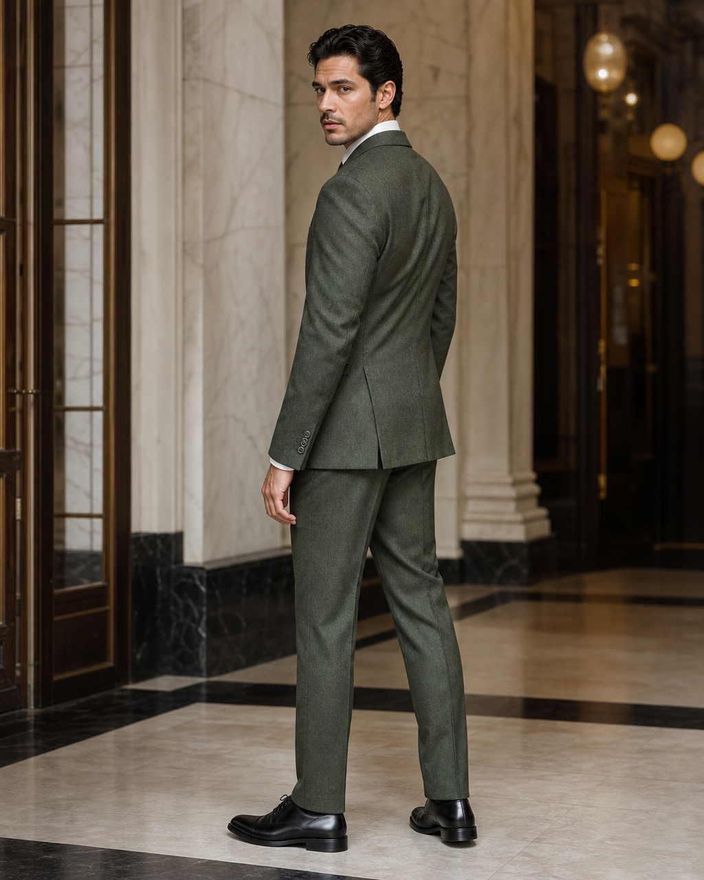 Eucalyptus Green Herringbone Winter Suit - Custom Made to Measure side back view