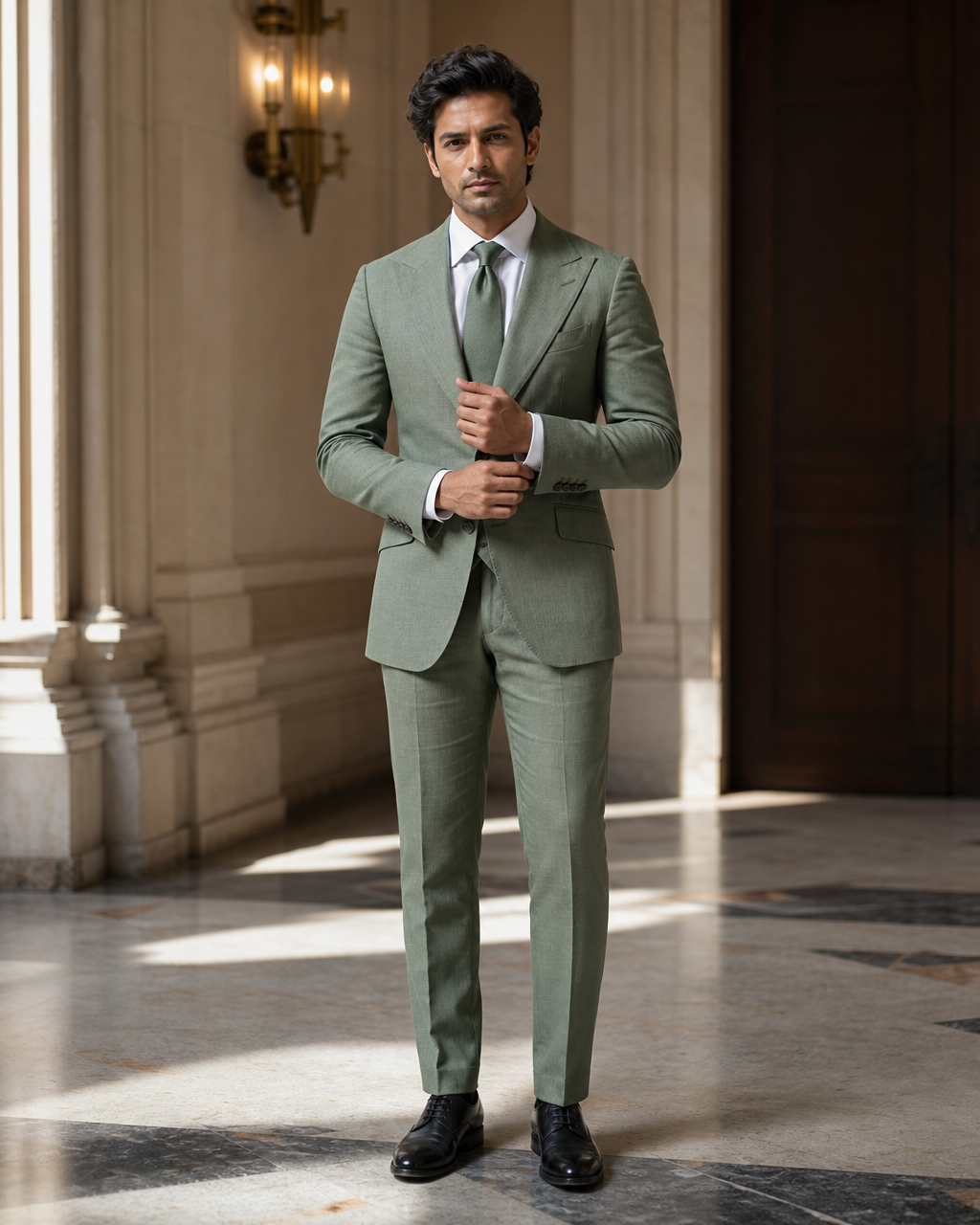 Eucalyptus Green Linen Beach Wedding Suit - Custom Made to Measure front view