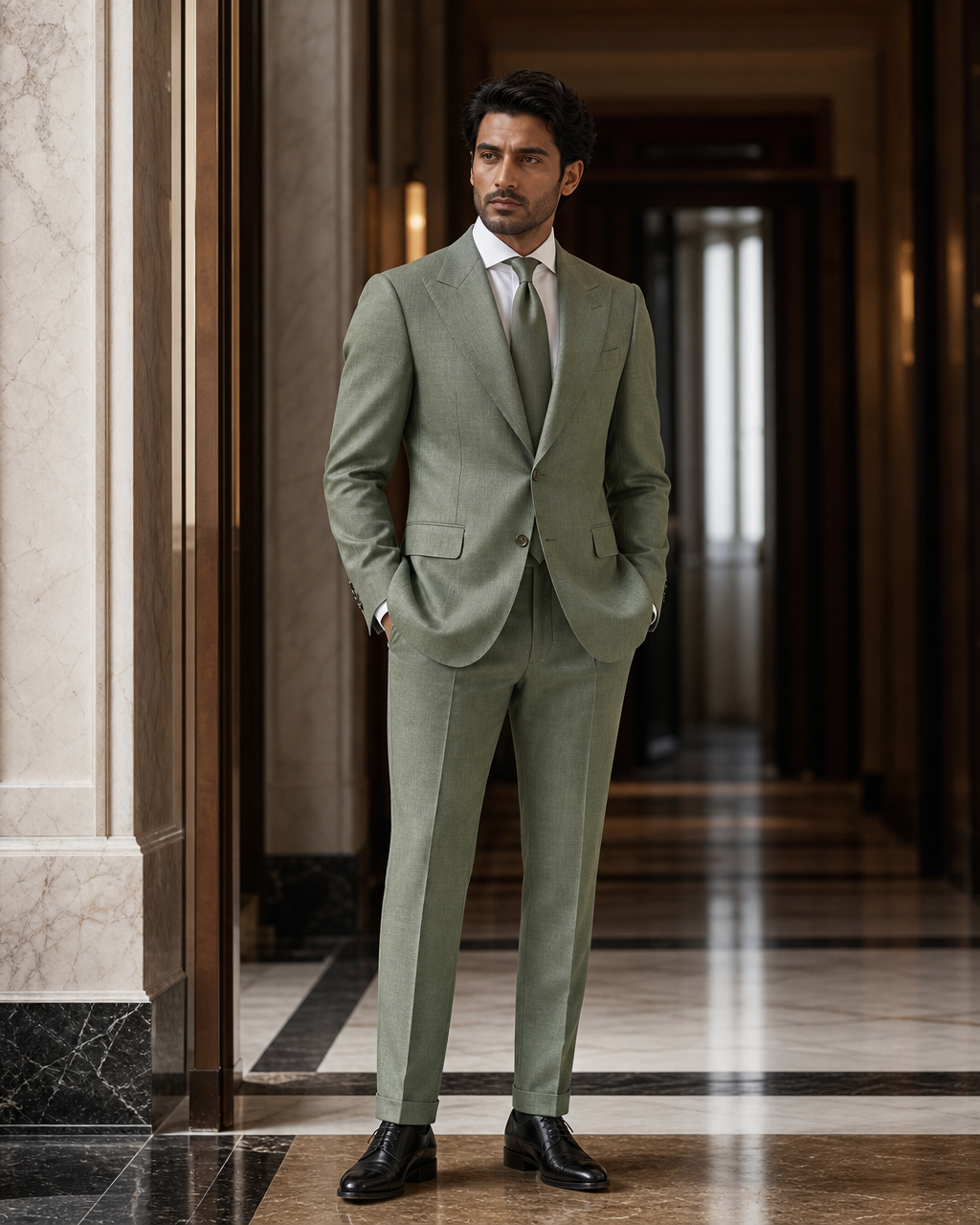 Eucalyptus Green Linen Beach Wedding Suit - Custom Made to Measure side back view