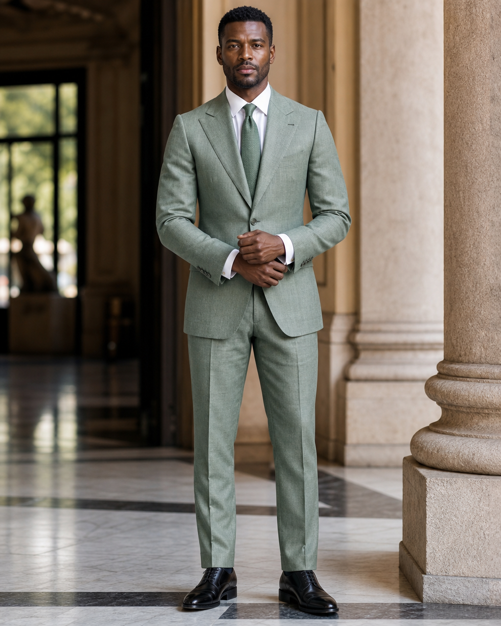 Eucalyptus Green Linen Outdoor Wedding Suit - Custom Made to Measure front view