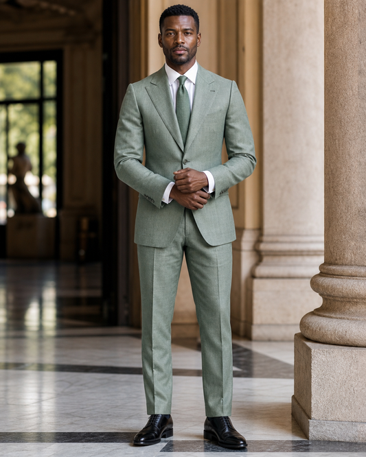 Eucalyptus Green Linen Outdoor Wedding Suit - Custom Made to Measure front view