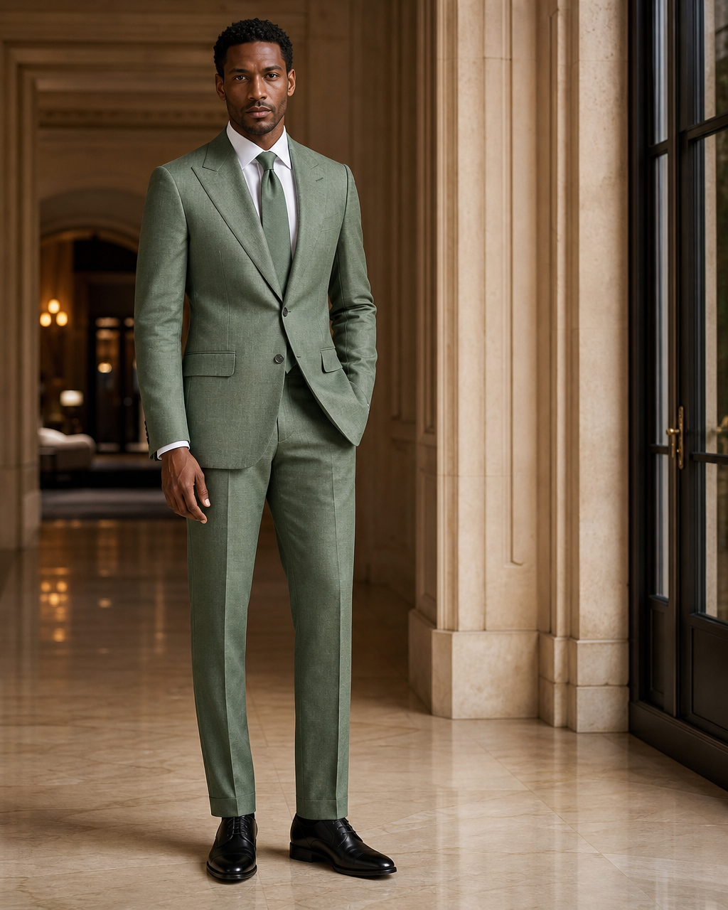 Eucalyptus Green Linen Outdoor Wedding Suit - Custom Made to Measure side back view