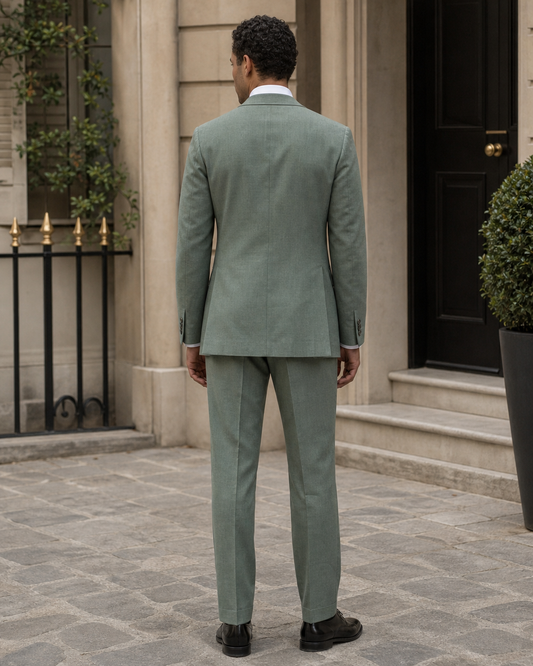 Eucalyptus Green Linen Peak Lapel Suit - Custom Made to Measure back view