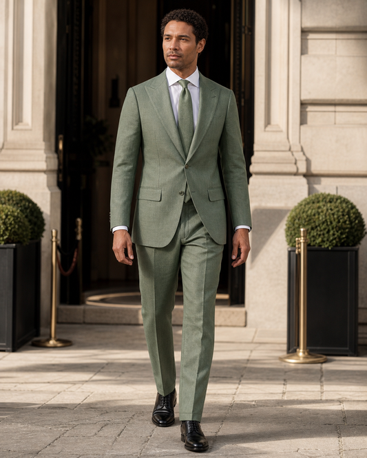 Eucalyptus Green Linen Peak Lapel Suit - Custom Made to Measure front view