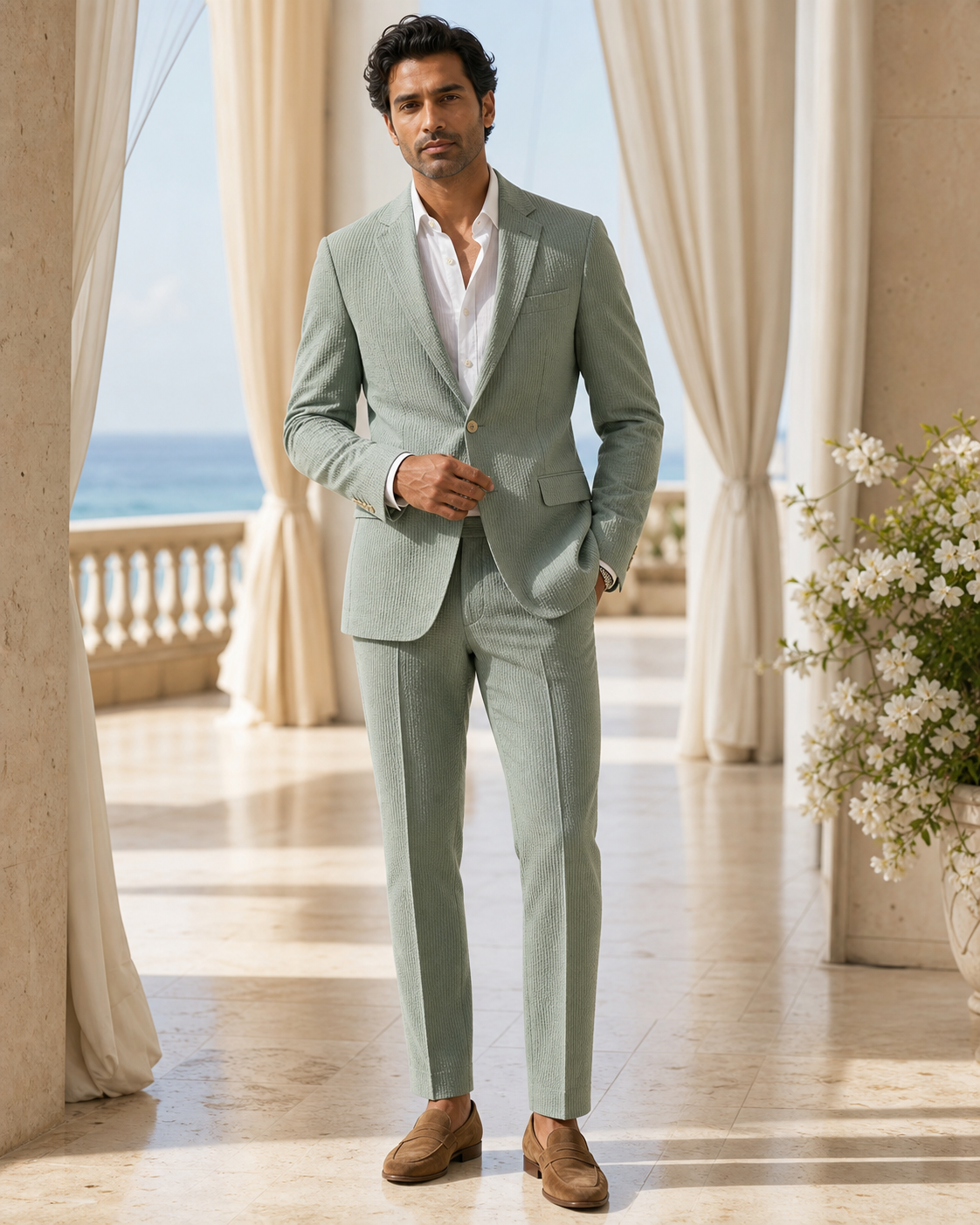 Eucalyptus Green Seersucker Beach Wedding Suit - Custom Made to Measure - Front View