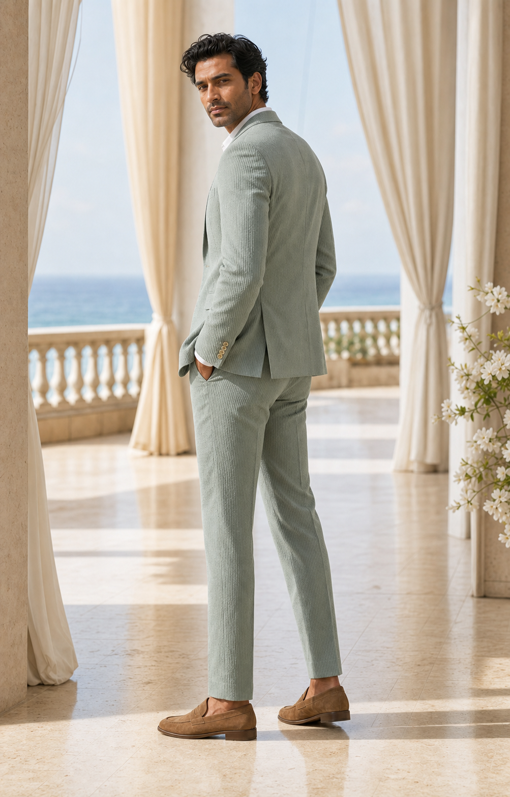 Eucalyptus Green Seersucker Beach Wedding Suit - Custom Made to Measure - Side Back View