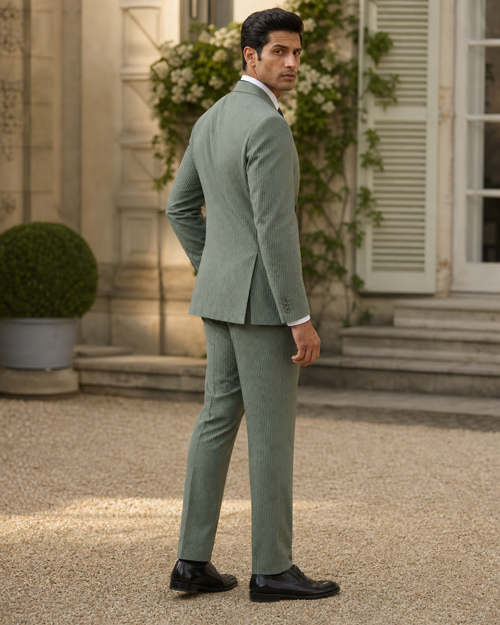 Eucalyptus Green Seersucker Outdoor Wedding Suit — Custom Made to Measure side back view