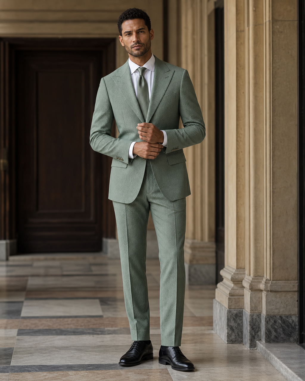 Eucalyptus Green Seersucker Summer Suit - Custom Made to Measure front view