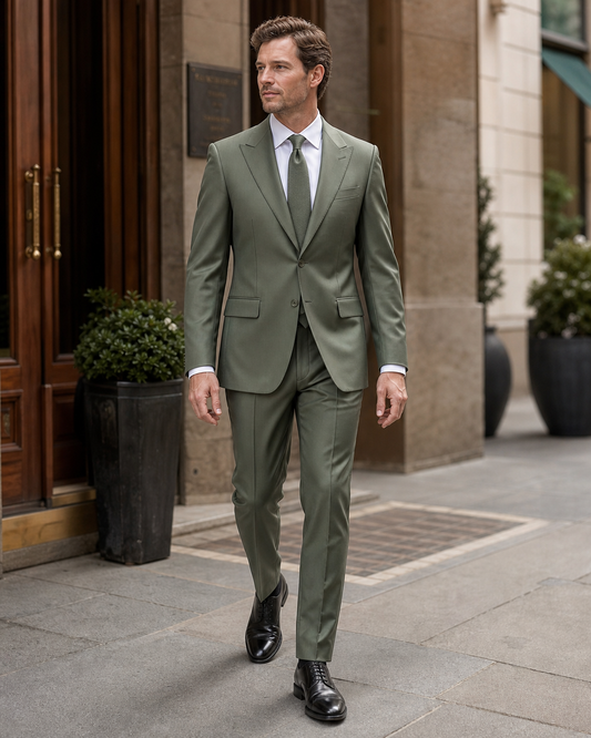 Eucalyptus Green Silk Blend Peak Lapel Suit - Custom Made to Measure front view