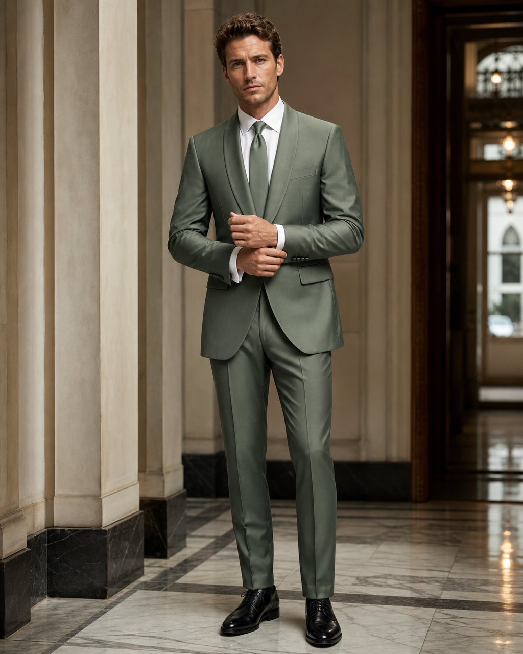 Eucalyptus Green Silk Blend Shawl Lapel Suit - Custom Made to Measure front view