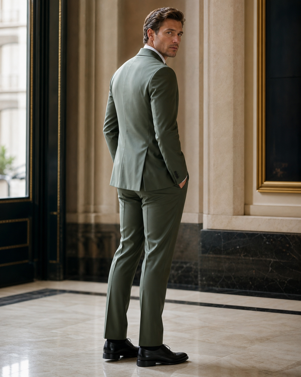 Eucalyptus Green Silk Blend Shawl Lapel Suit - Custom Made to Measure side back view