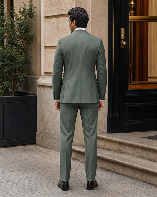 Eucalyptus Green Wool Shawl Lapel Suit - Custom Made to Measure back view